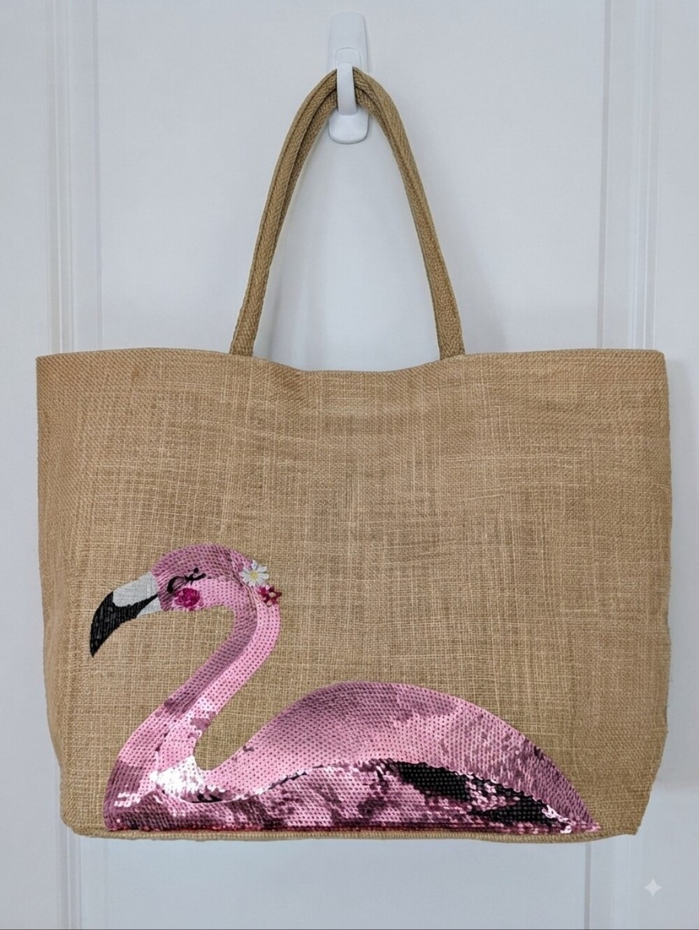 Flamingo Tote Bag Sequin Pink Burlap